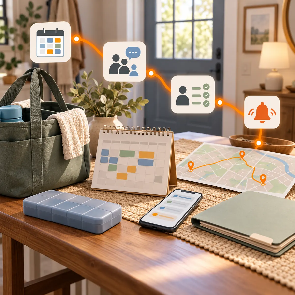 Home-care coordination table with visit calendar, route map, care folder, phone, and orange escalation path