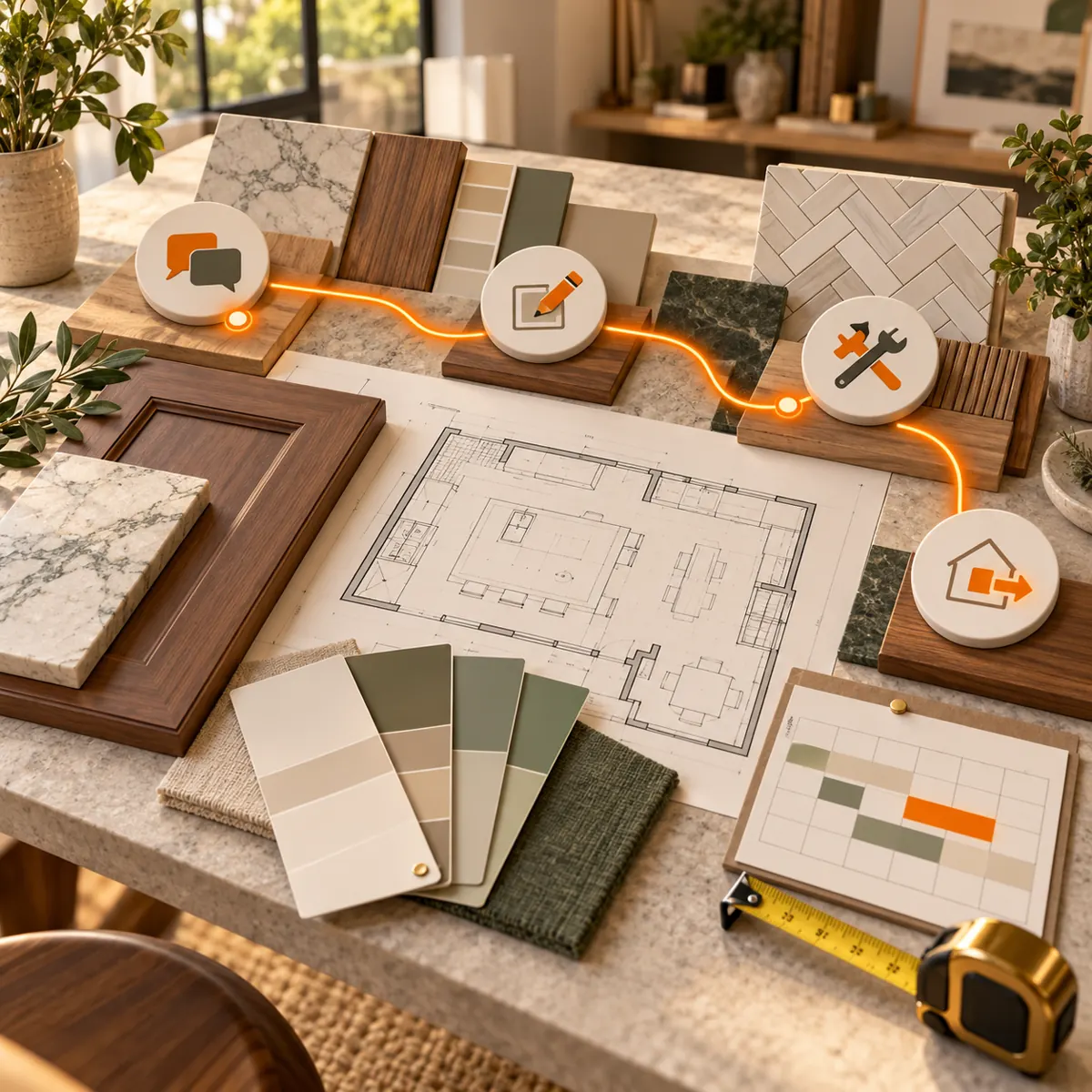 Interior remodeling moodboard with kitchen plan, material samples, progress blocks, tools, and orange coordination path