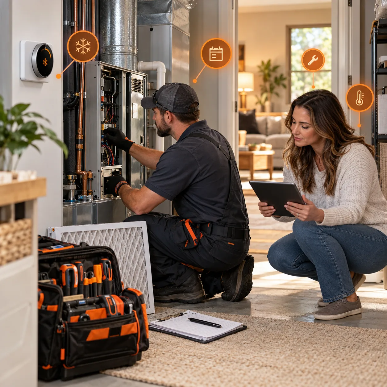 Editorial HVAC service scene with a technician, homeowner, heating and cooling equipment, and orange priority markers.