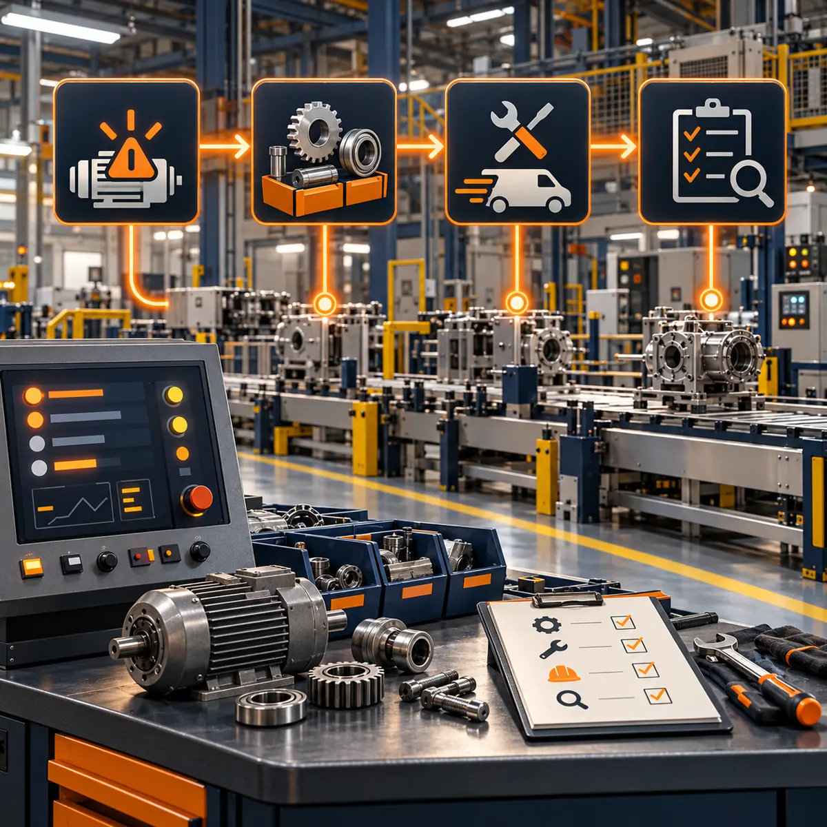 Industrial maintenance workshop with control panel, machine line, spare parts, tools, and orange priority path