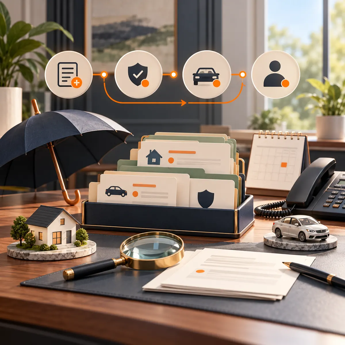 Insurance agency service desk with policy folders, claim cards, home and car symbols, umbrella, phone, and orange review route