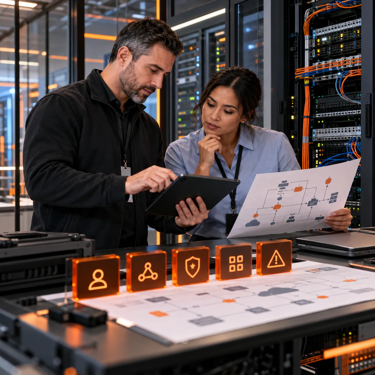 Editorial IT consulting scene with a consultant, client, server racks, network diagram, and orange priority markers.