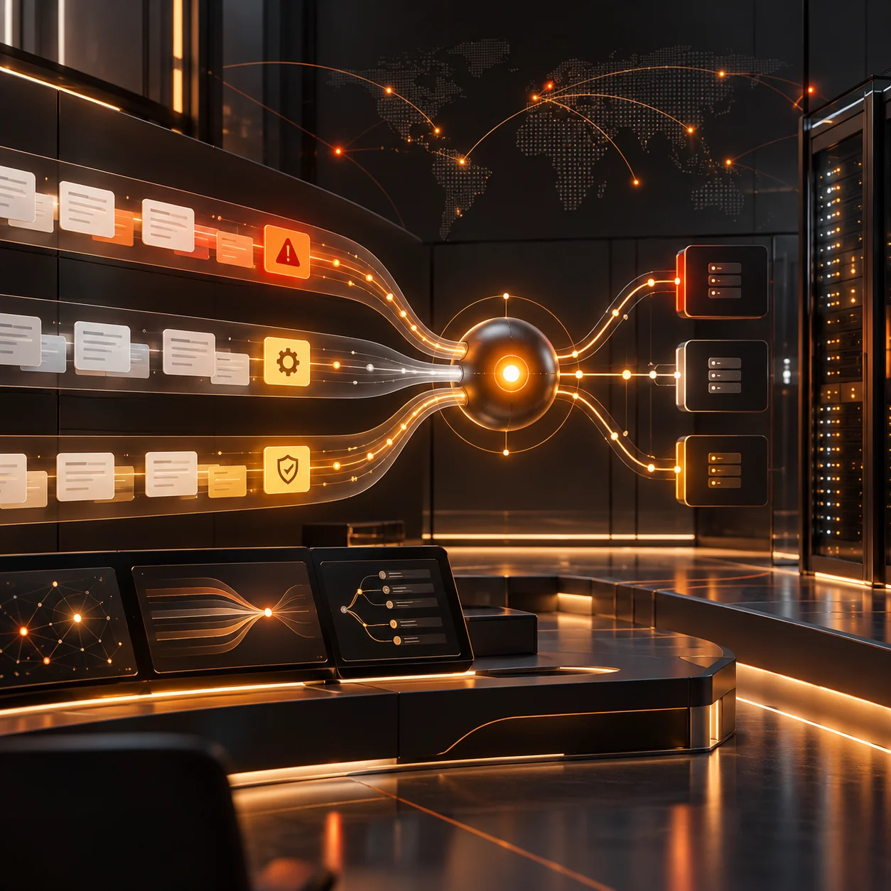 Abstract MSP network operations room with orange ticket flows routing into service queues beside server racks