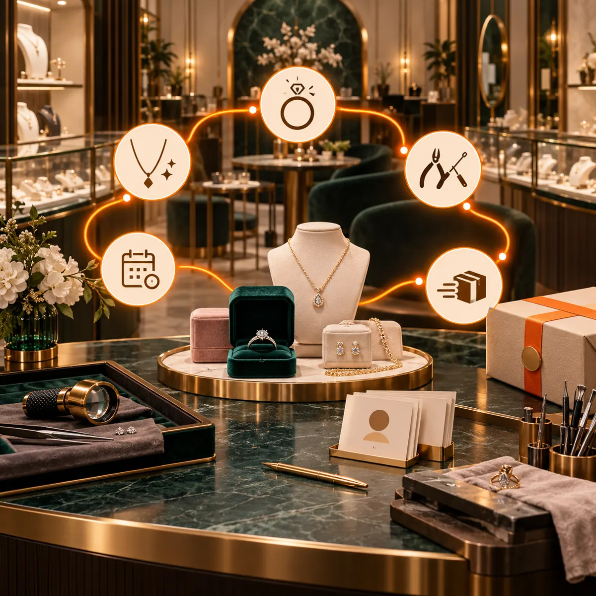 Elegant jewelry boutique with displays, ring boxes, loupe, repair bench, secure parcel, and orange service path