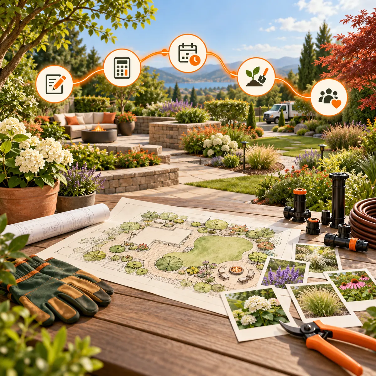 Landscaping design scene with garden, patio plan, plant samples, irrigation parts, tools, and orange service route