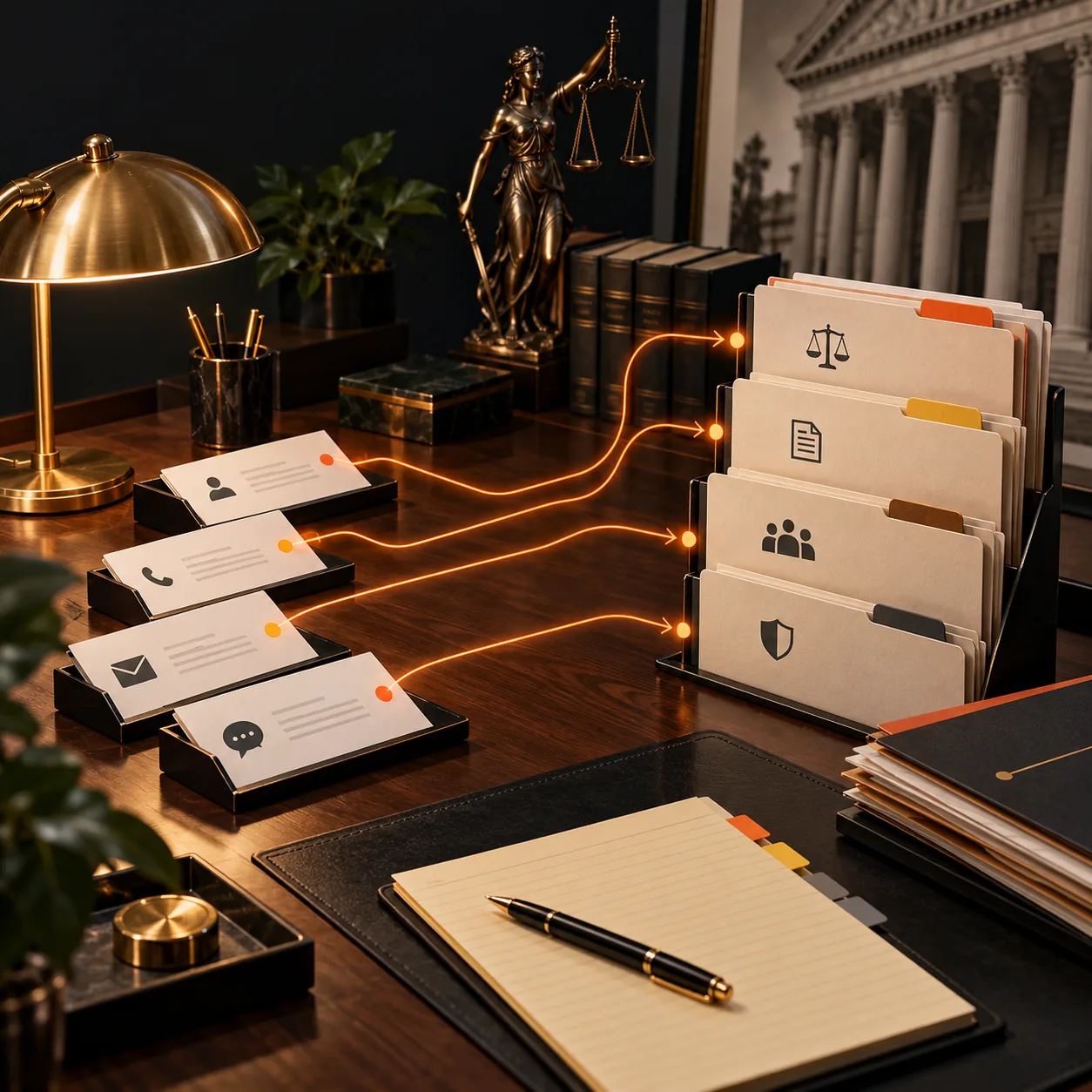 Law office desk with case folders, legal intake cards, courthouse backdrop, and orange routing lines