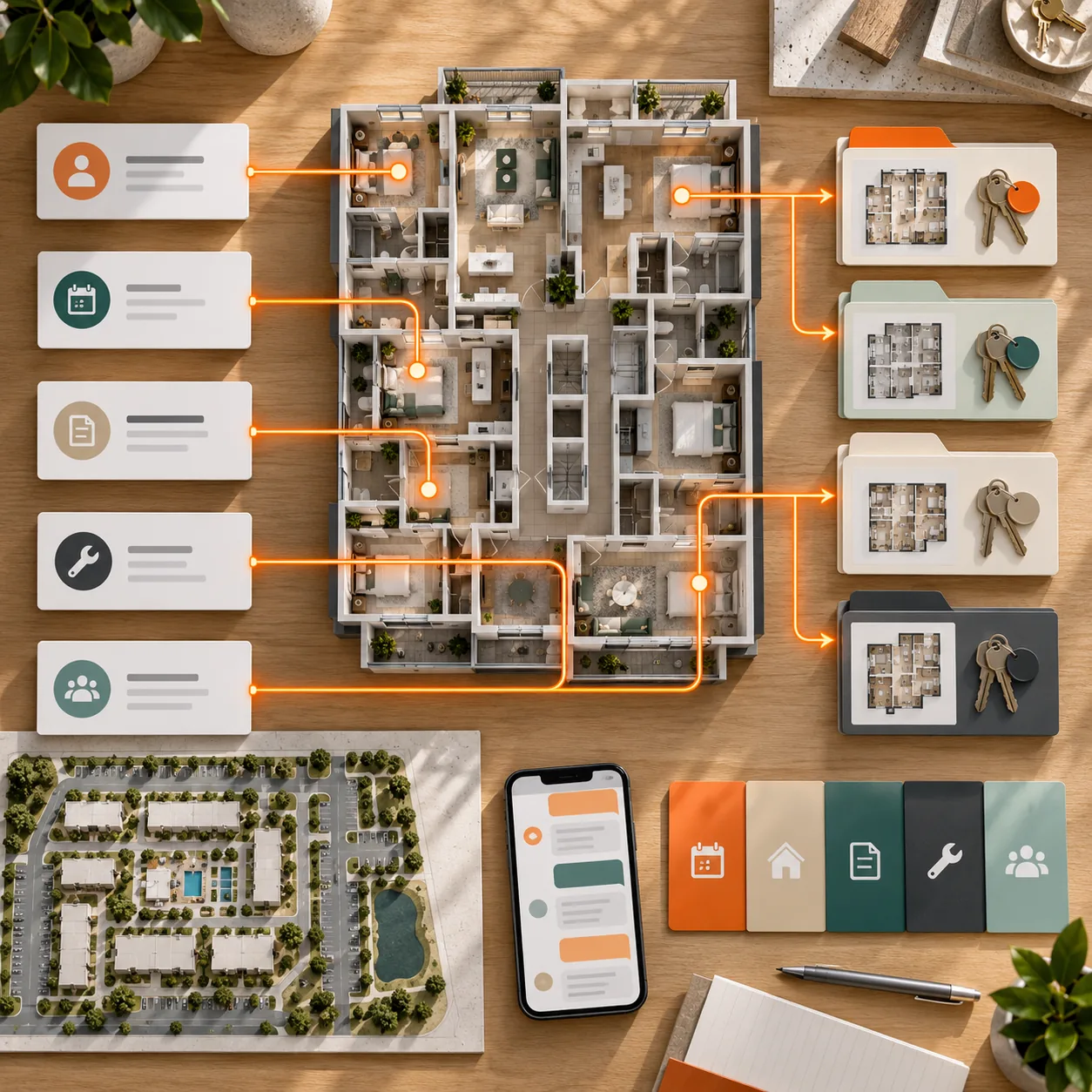 Top-down leasing office scene with apartment floor plan, keys, property request cards, and orange routing lines