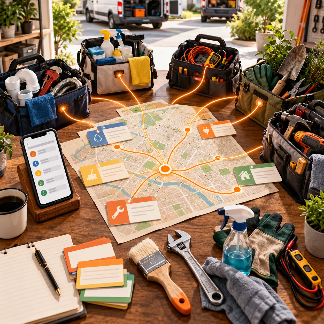 Local service dispatch workspace with trade tools, service totes, neighborhood map, request cards, and orange routing lines