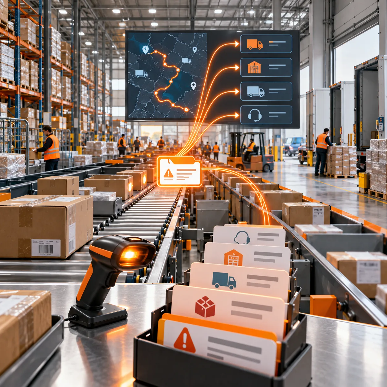 Logistics warehouse with conveyors, parcels, scanner, exception cards, route display, and orange operational routing lines