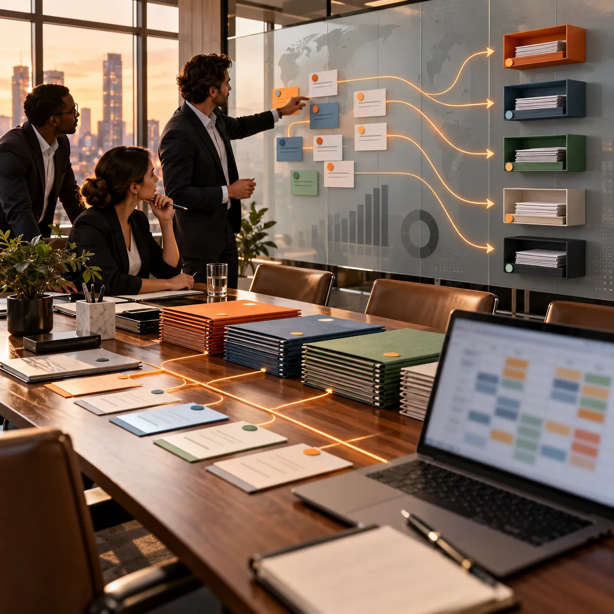 Consulting project war room with client workstream cards, briefing folders, strategy board, and orange routing lines