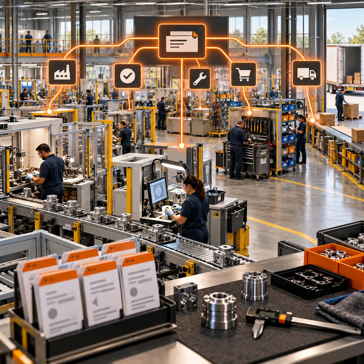 Manufacturing plant with production cells, inspection station, maintenance cart, parts bins, work-order cards, and orange routing lines
