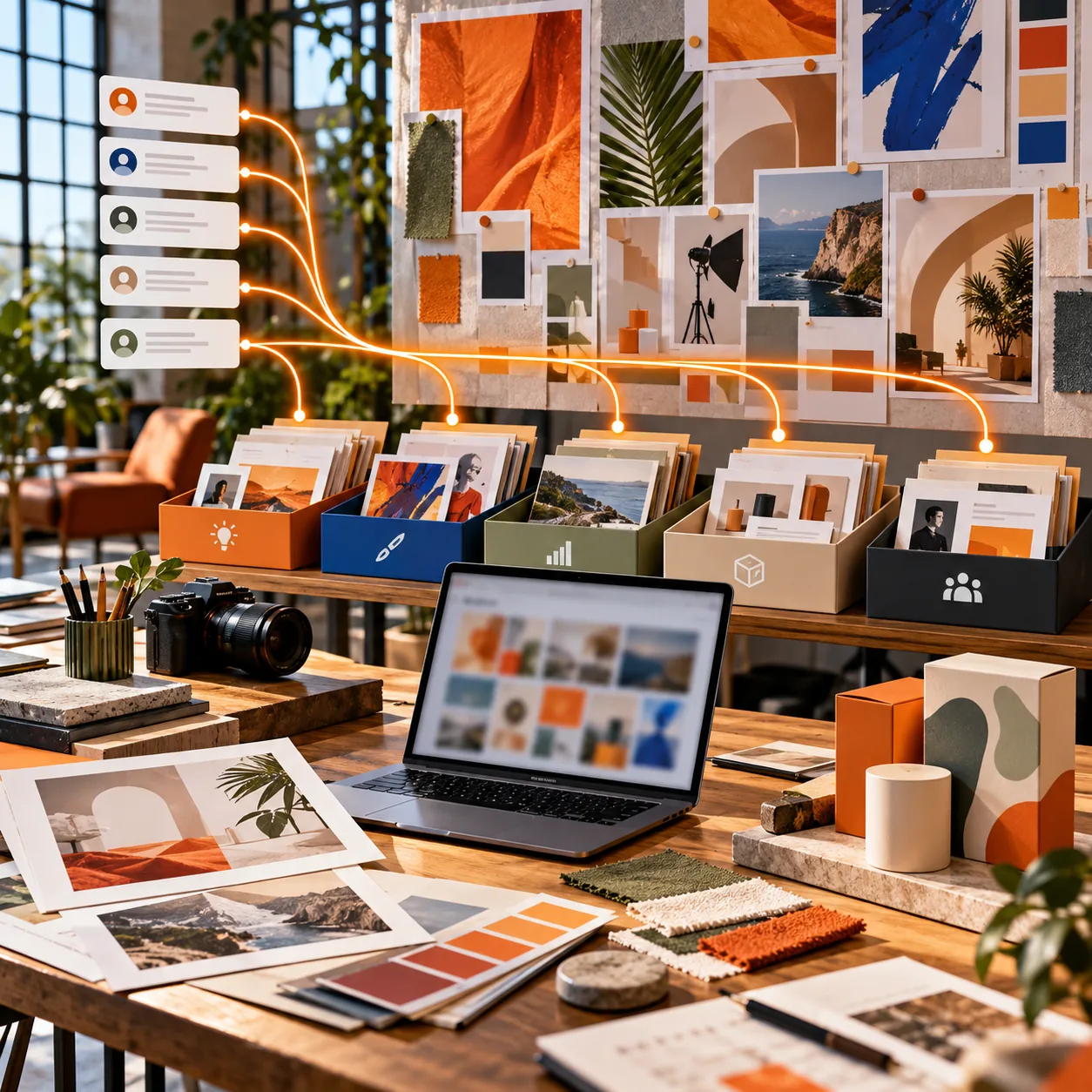 Marketing agency studio with campaign moodboard, creative assets, client request cards, laptop, and orange routing lines