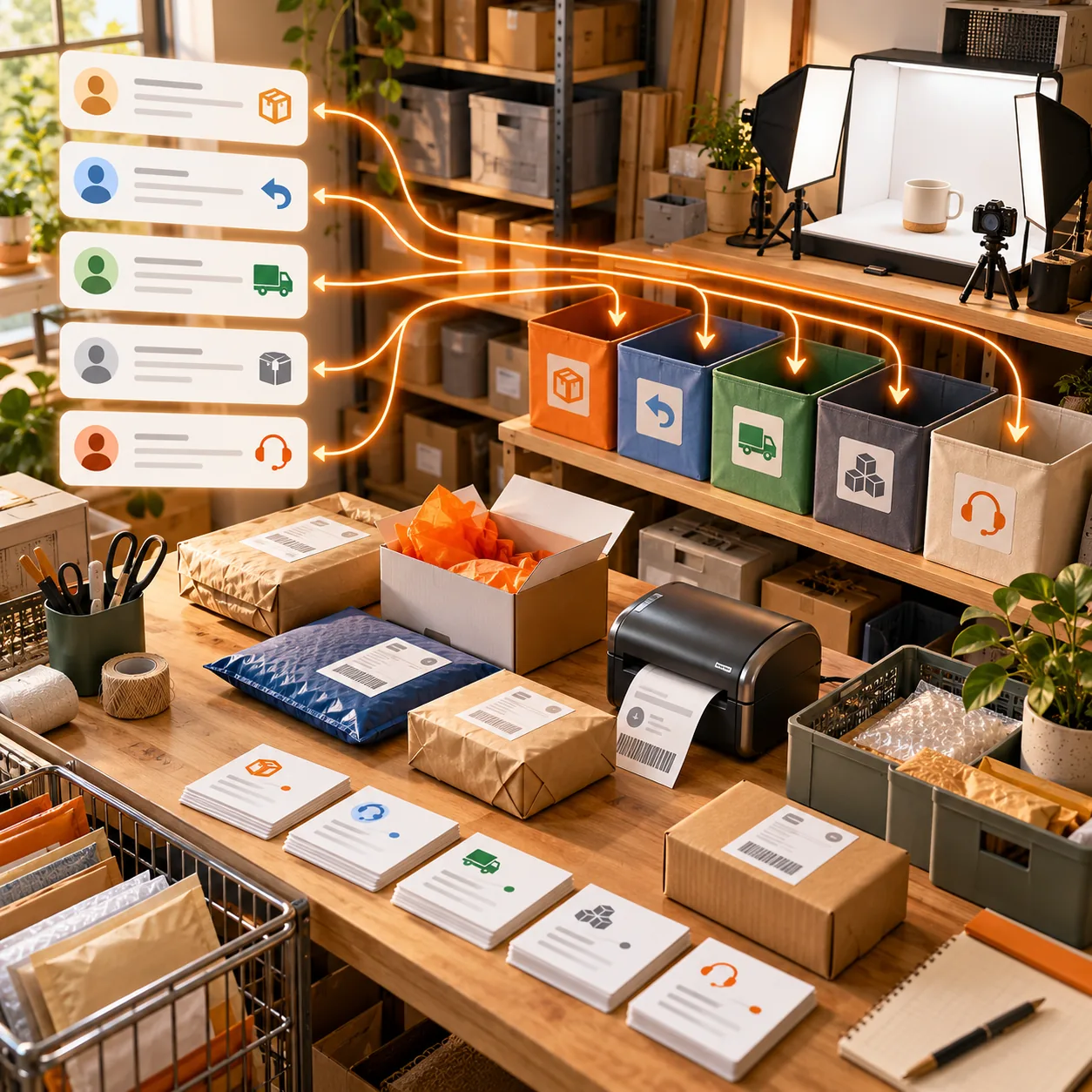 Marketplace seller fulfillment studio with parcels, label printer, product photo setup, request cards, and orange routing lines