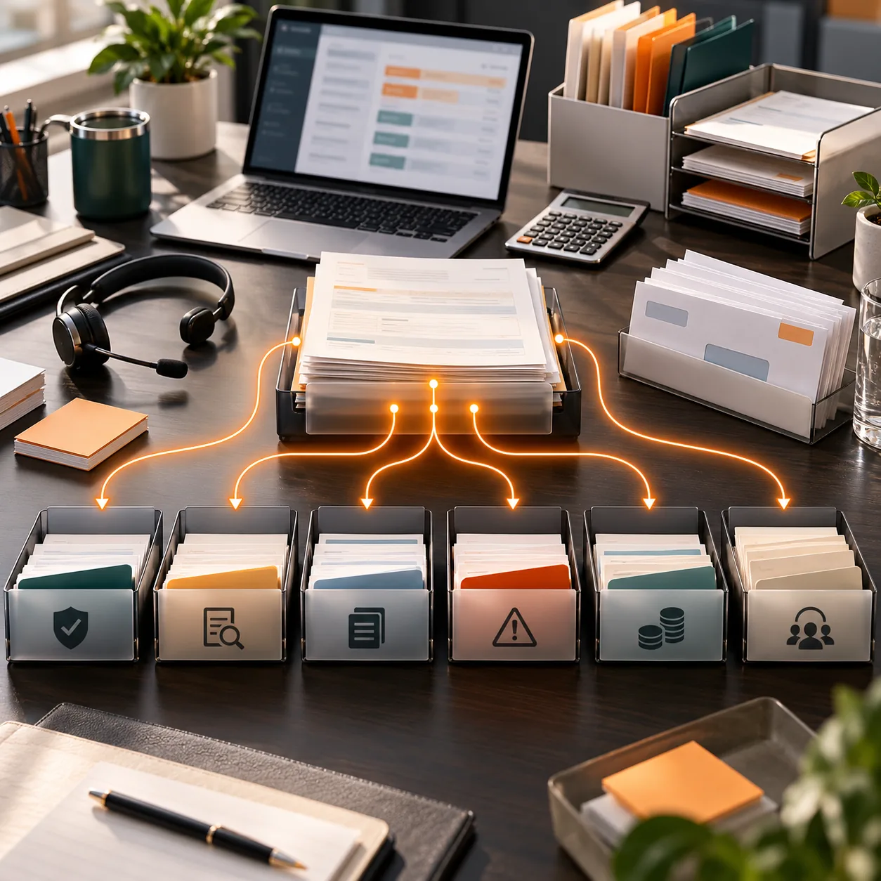 Medical billing operations desk with claim folders, secure document trays, calculator, headset, and orange routing lines