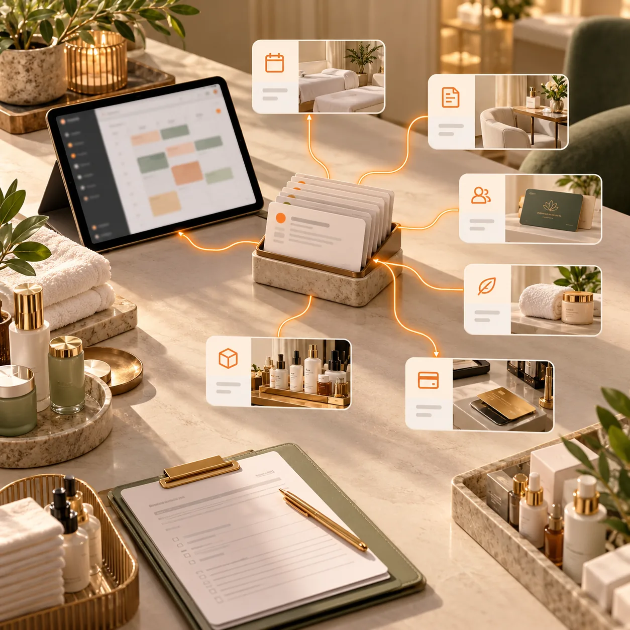 Warm editorial medical-spa operations workspace with appointment cards, skincare products, towels, and orange routing lines for an AI support ticket triage agent.
