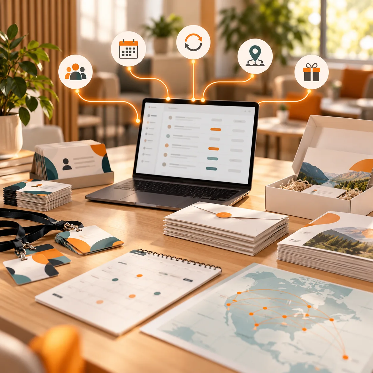 Editorial association operations table with membership cards, event badges, a calendar, a laptop ticket queue, envelopes, and orange routing lines for an AI support ticket triage agent.
