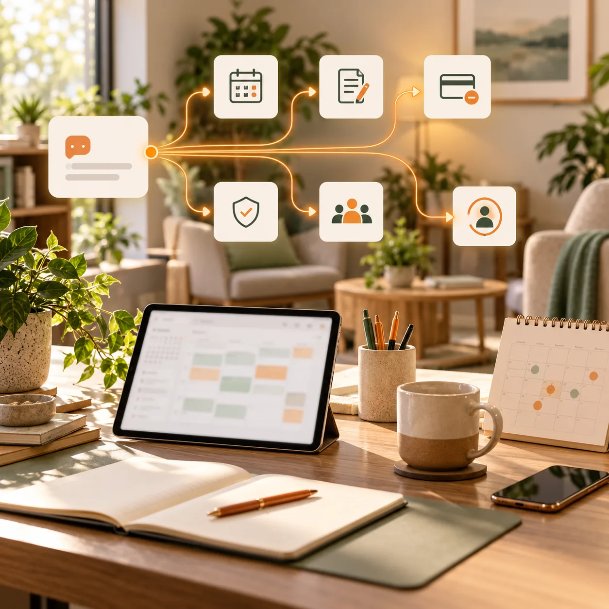 Calm mental-health practice coordination workspace with a scheduling tablet, intake desk, calendar, and orange pathways for an AI support ticket triage agent.