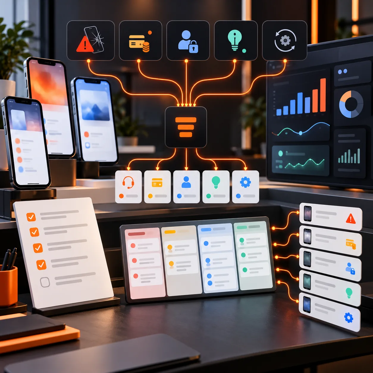 Mobile app operations studio with smartphones, abstract issue cards, product analytics, release workflows, and orange routing lines for an AI support ticket triage agent.