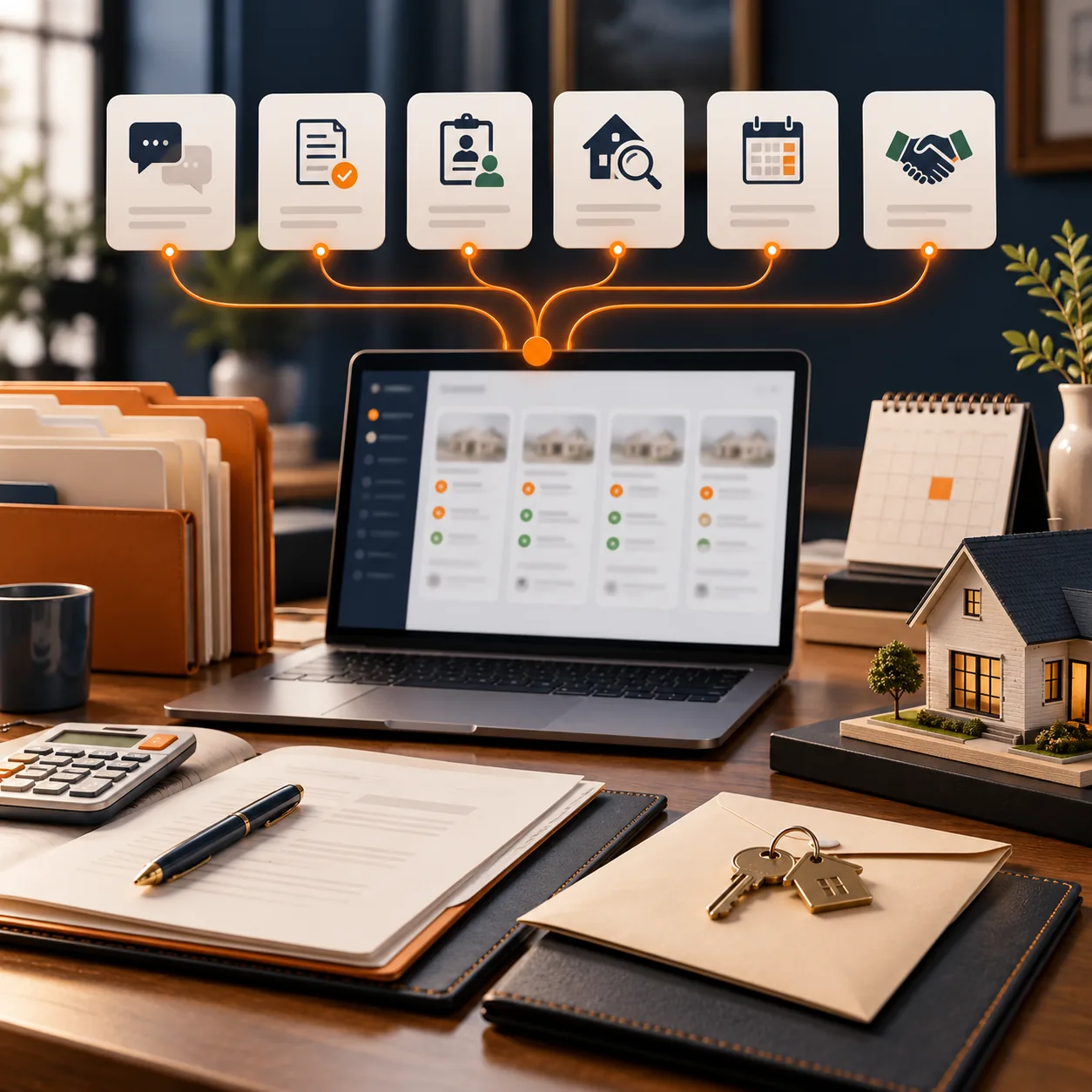 Mortgage brokerage workspace with loan folders, a house model, calculator, closing calendar, keys, and orange routing lines for an AI support ticket triage agent.
