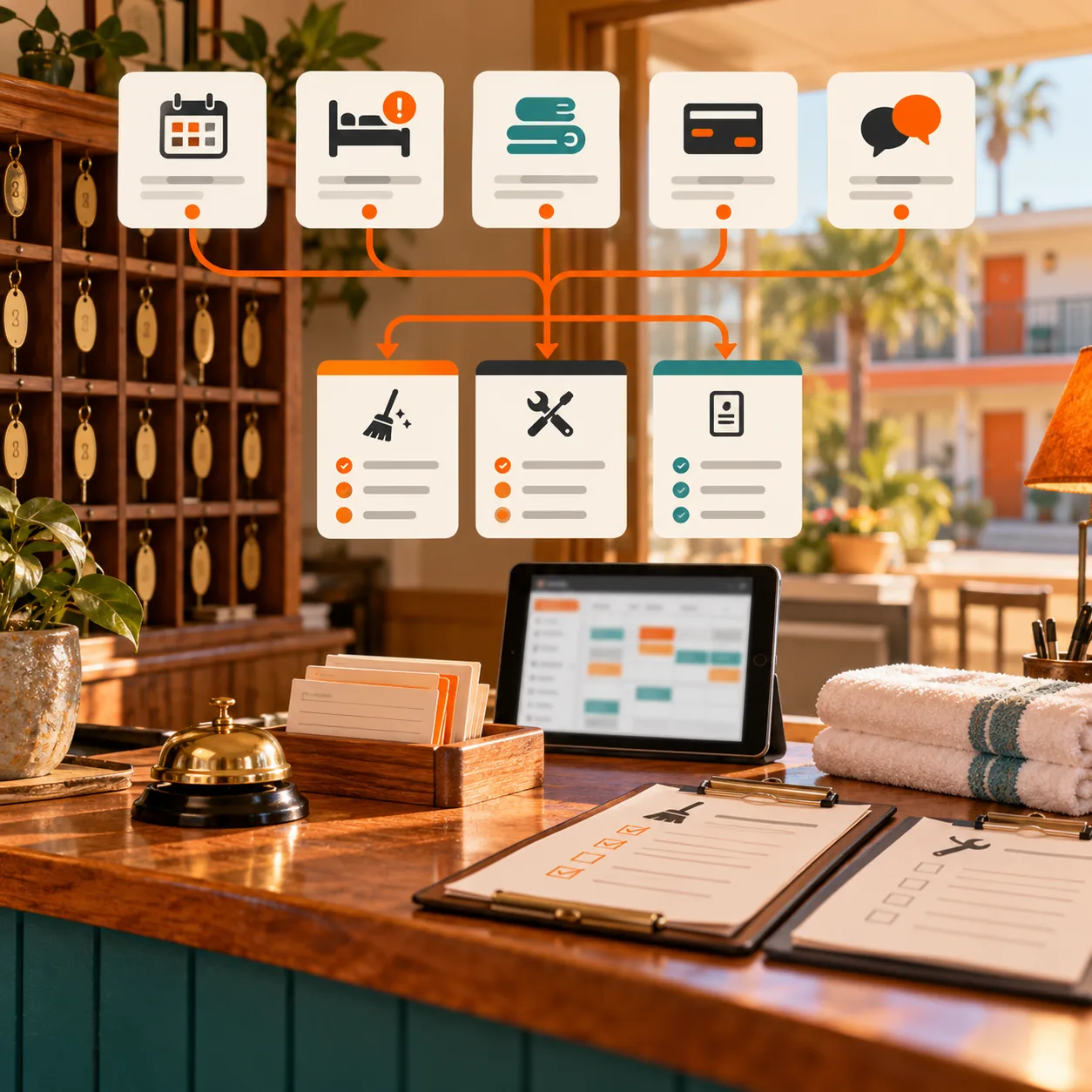 Independent motel front desk with key rack, check-in bell, reservation tablet, housekeeping and maintenance checklists, and orange routing lines for an AI support ticket triage agent.