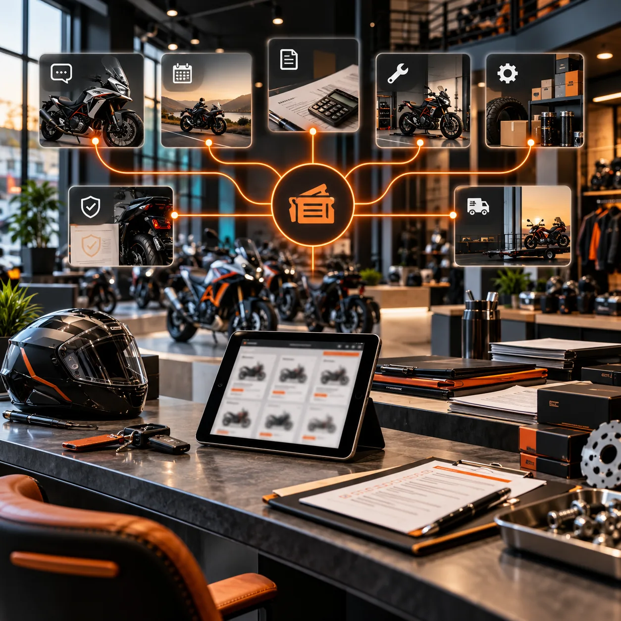 Motorcycle dealership showroom with bikes, helmet, keys, inventory tablet, sales folders, service checklist, parts, and orange routing lines for an AI support ticket triage agent.