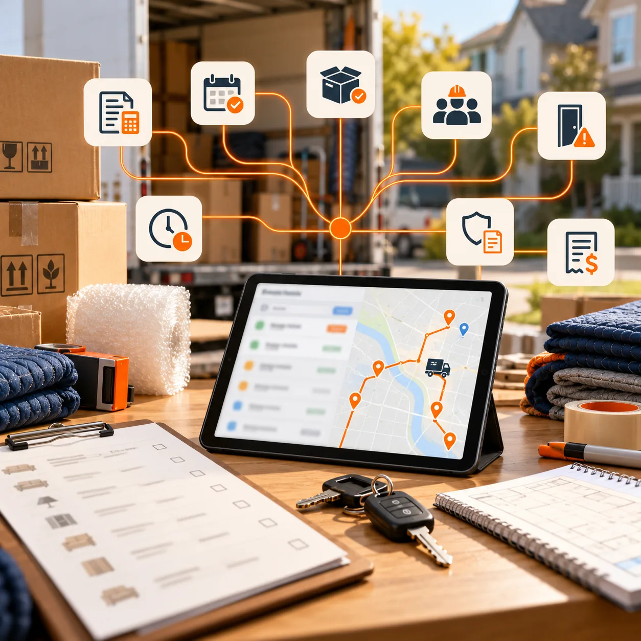 Moving operations dispatch scene with boxes, inventory clipboard, route map, scheduling tablet, truck keys, and orange routing lines for an AI support ticket triage agent.