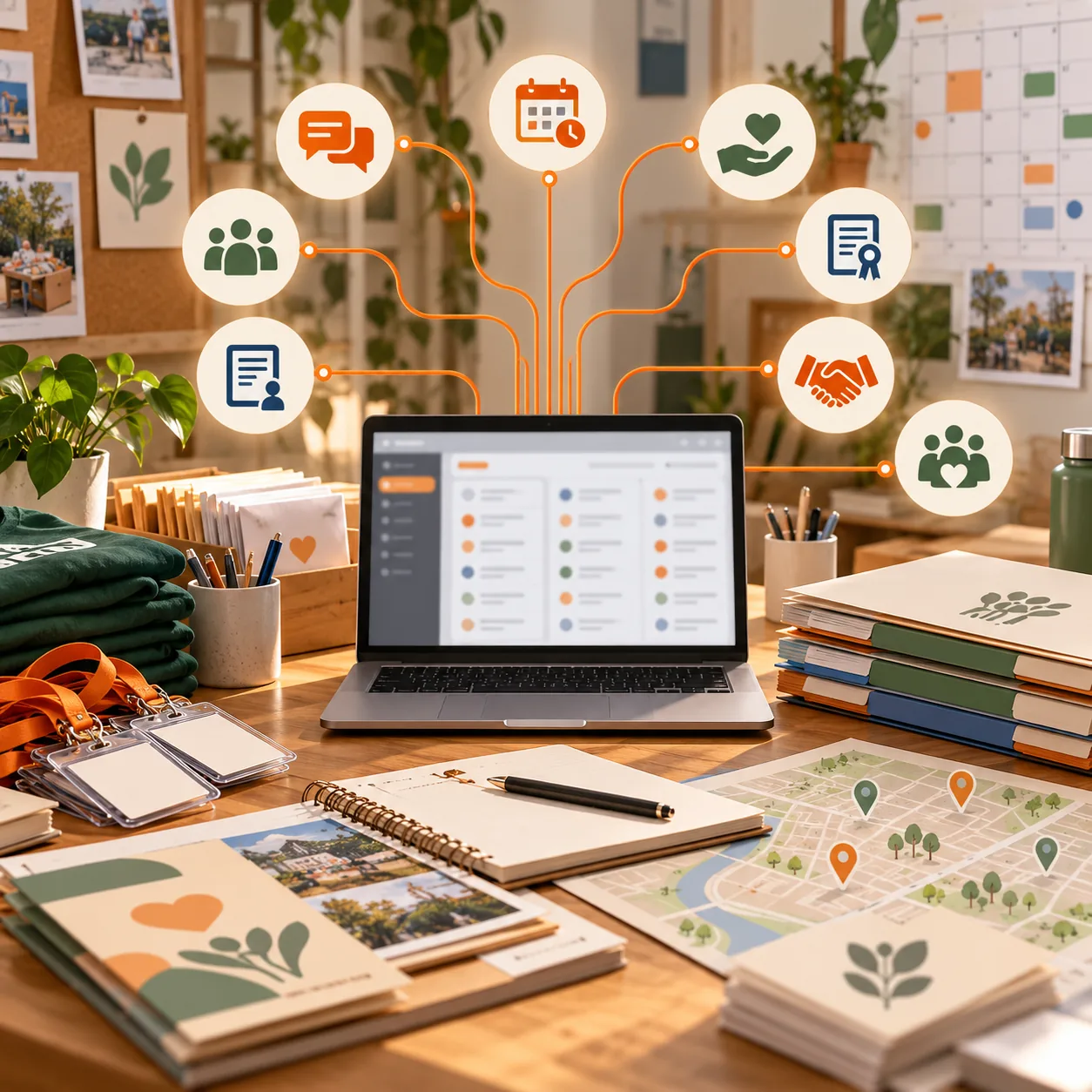 Nonprofit operations workspace with volunteer badges, donation envelopes, program folders, event calendar, community map, and orange routing lines for an AI support ticket triage agent.