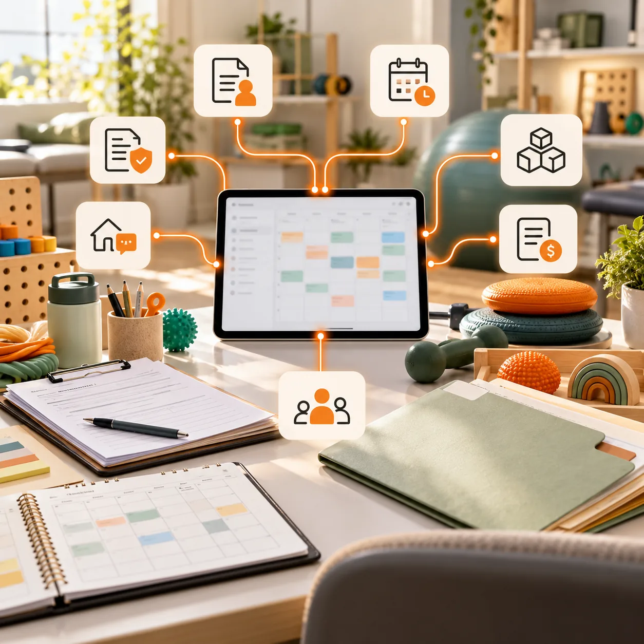 Occupational-therapy clinic coordination workspace with adaptive therapy tools, scheduling tablet, referral folder, intake forms, and orange routing lines for an AI support ticket triage agent.