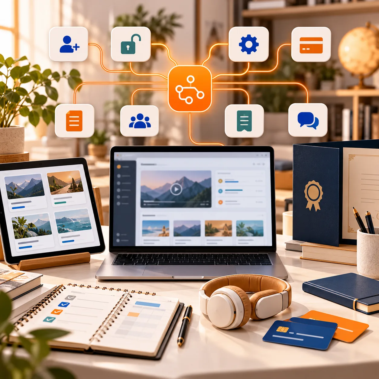 Online-learning operations desk with course modules, progress dashboards, certificate folder, headphones, payment cards, and orange routing lines for an AI support ticket triage agent.