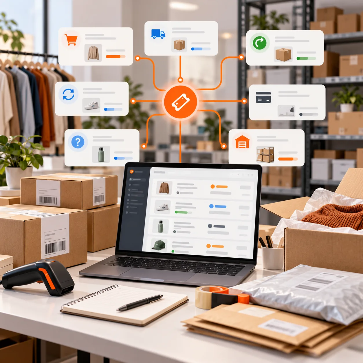 Online-retail operations workspace with product parcels, order dashboard, barcode scanner, returns packaging, inventory shelves, and orange routing lines for an AI support ticket triage agent.