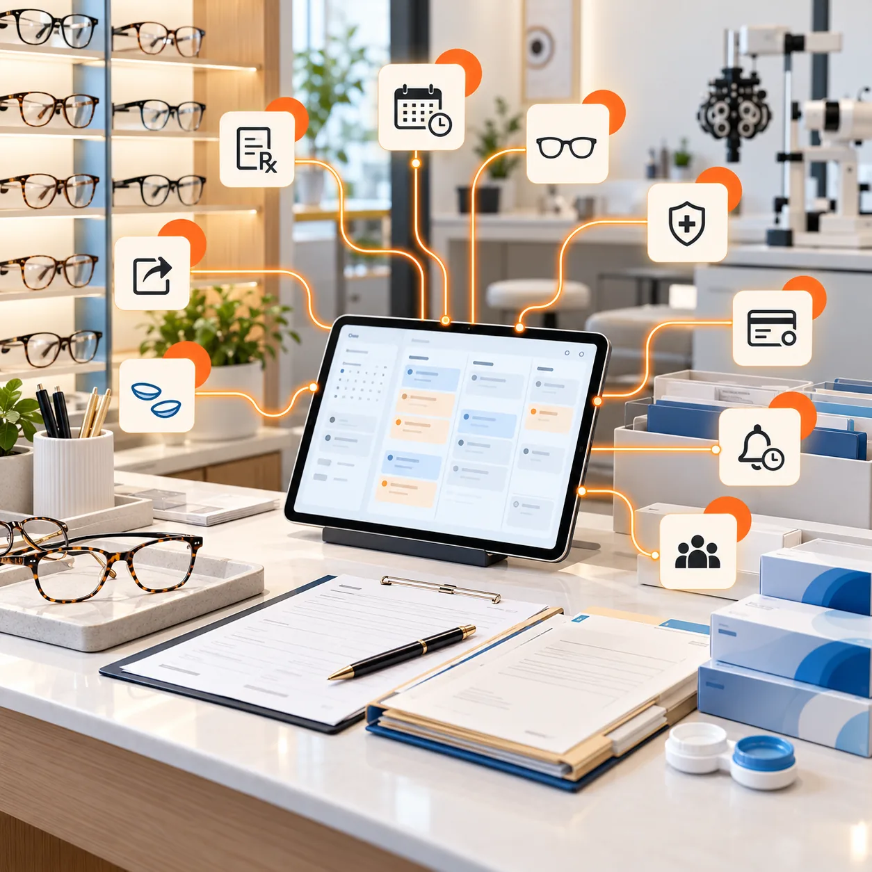 Optometry clinic coordination workspace with eyeglass frames, exam instrument, scheduling tablet, insurance folders, contact-lens packaging, and orange routing lines for an AI support ticket triage agent.
