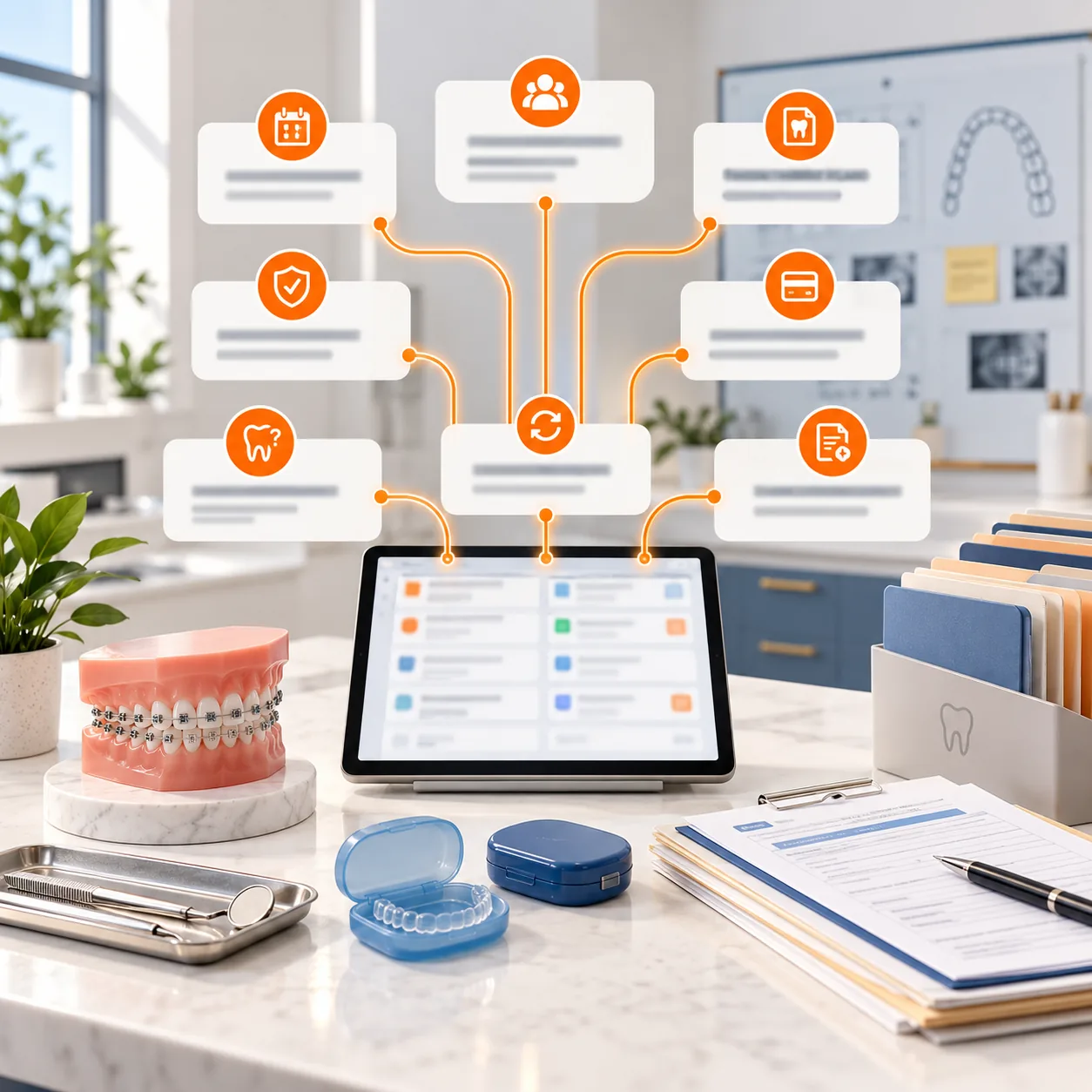Orthodontic office coordination workspace with braces model, treatment folders, retainer cases, scheduling tablet, insurance papers, and orange routing lines for an AI support ticket triage agent.
