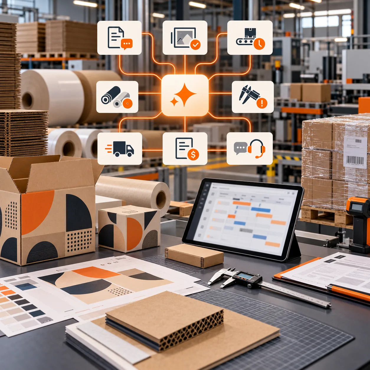 Packaging manufacturing coordination workspace with boxes, material rolls, printed samples, quality caliper, production tablet, pallets, and orange routing lines for an AI support ticket triage agent.