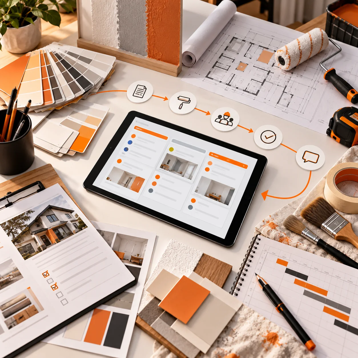 Painting contractor operations desk with color swatches, surface samples, floor plan, paint roller, brushes, project tablet, job checklist, and orange workflow routing.