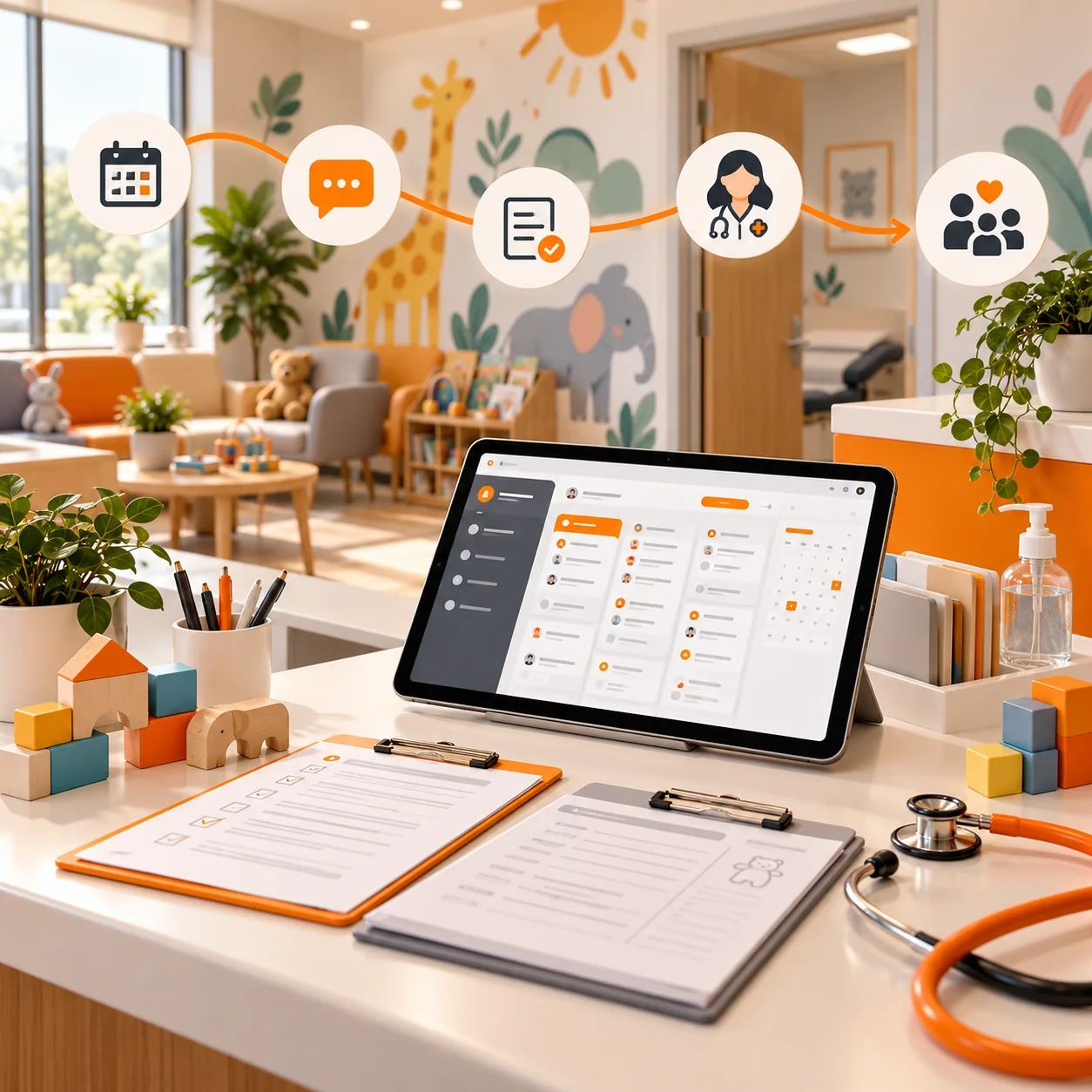 Pediatric practice coordination desk with child-friendly clinic, appointment tablet, intake forms, consent clipboard, toy blocks, stethoscope, and orange family-support routing path.