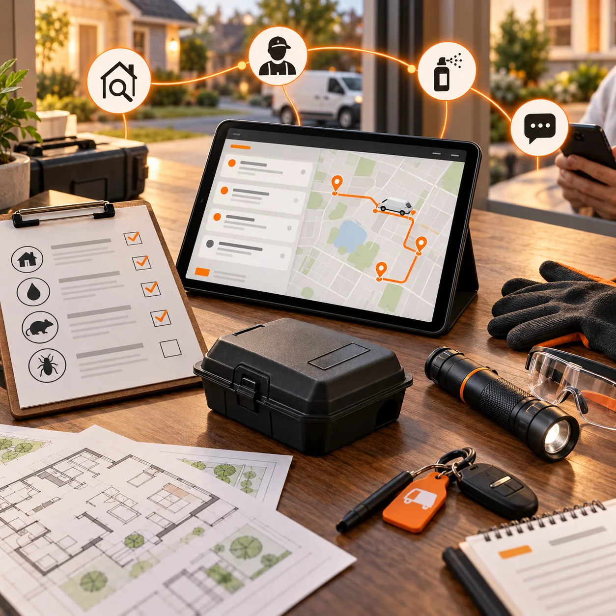 Pest-control field service coordination desk with property map, inspection clipboard, sealed bait station case, flashlight, gloves, safety goggles, service van route, and orange dispatch path.
