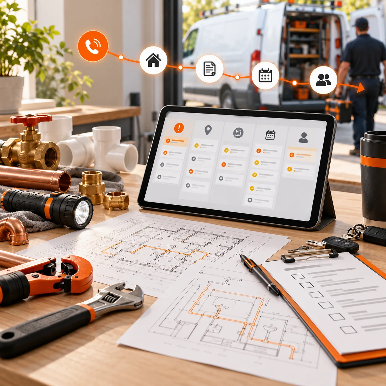 Plumbing field-service coordination desk with pipe fittings, floor-plan diagrams, work-order clipboard, service tablet, flashlight, tools, van route, and orange dispatch path.