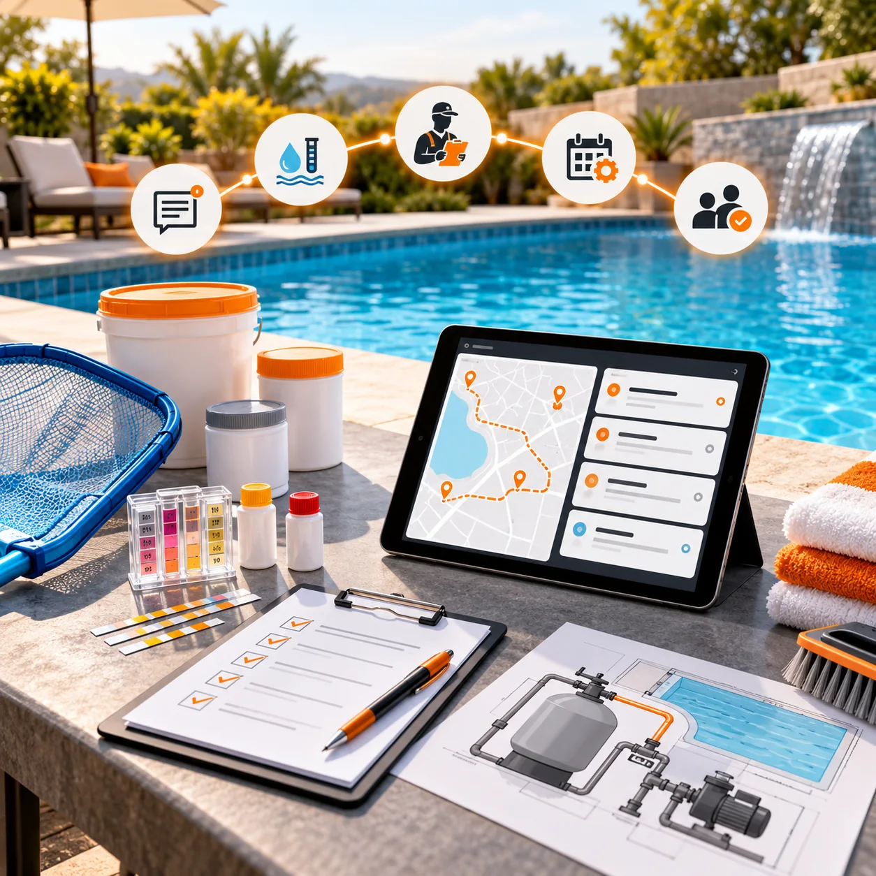 Pool-service coordination desk beside a bright swimming pool with water test kit, skimmer net, service tablet, maintenance checklist, filter diagram, and orange technician-routing path.