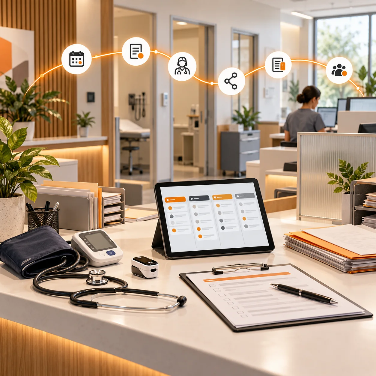 Primary care practice coordination desk with blood-pressure cuff, stethoscope, pulse oximeter, referral forms, appointment tablet, privacy screen, and orange patient-support routing path.