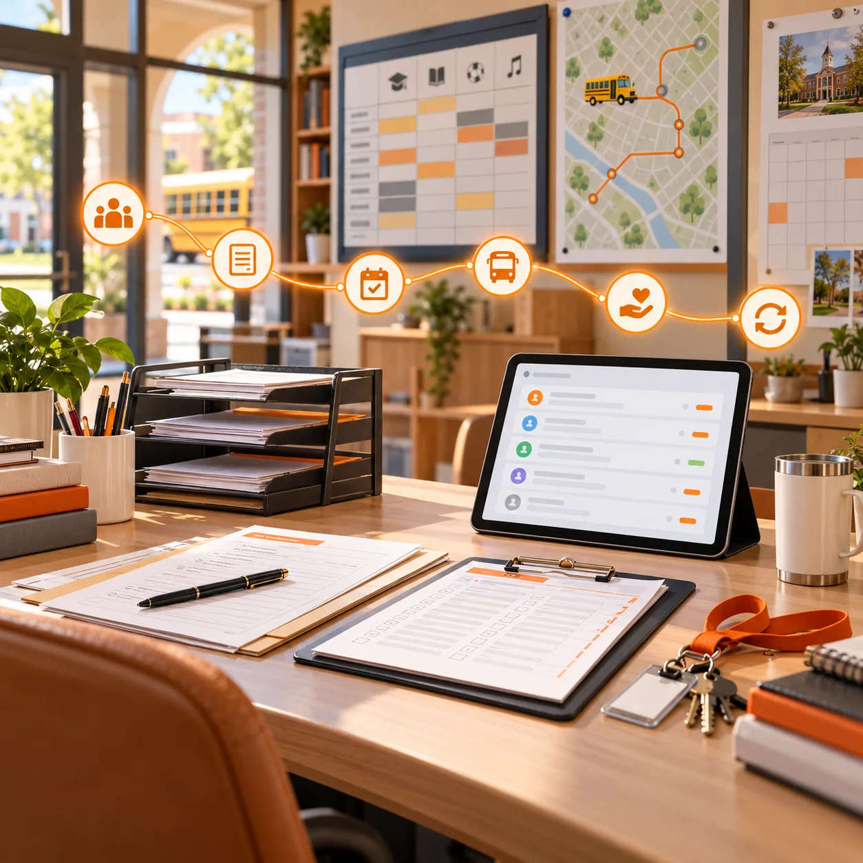 Private school office coordination desk with enrollment forms, attendance clipboard, family-message tablet, school bus route map, event calendar, campus keys, and orange support-routing path.