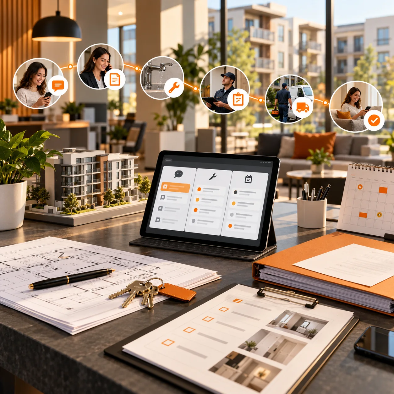 Property-management coordination desk with apartment model, building floor plans, resident request tablet, apartment keys, maintenance work order, inspection forms, vendor route, and orange operations path.