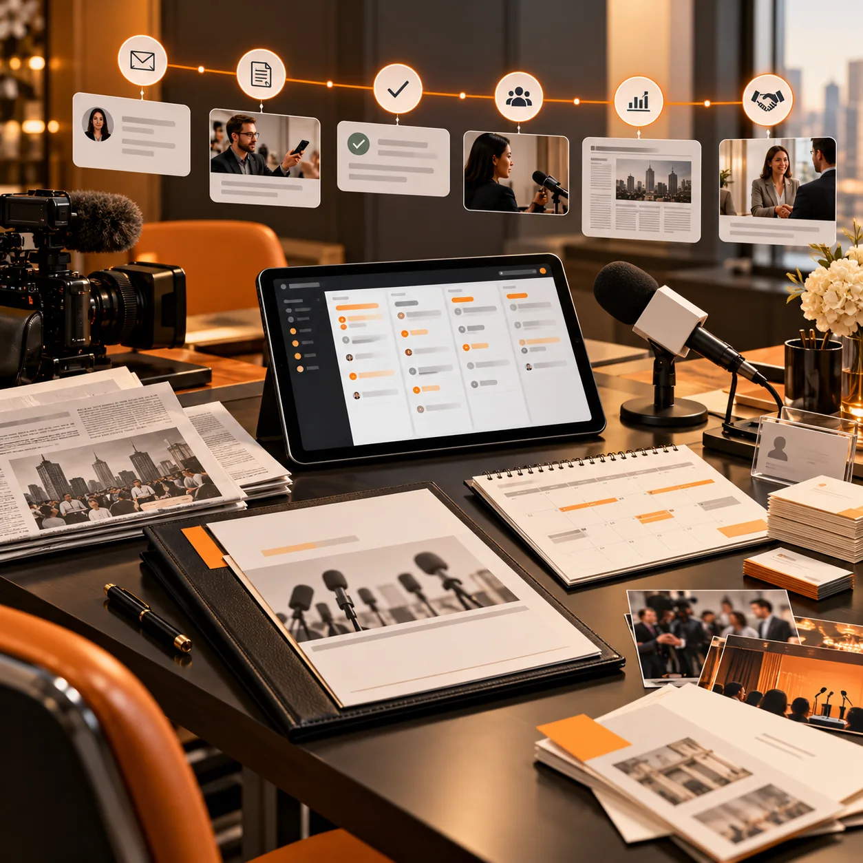 Public relations media-operations desk with camera, microphones, press briefing folder, media-monitoring tablet, editorial calendar, coverage clippings, and orange communications-routing path.