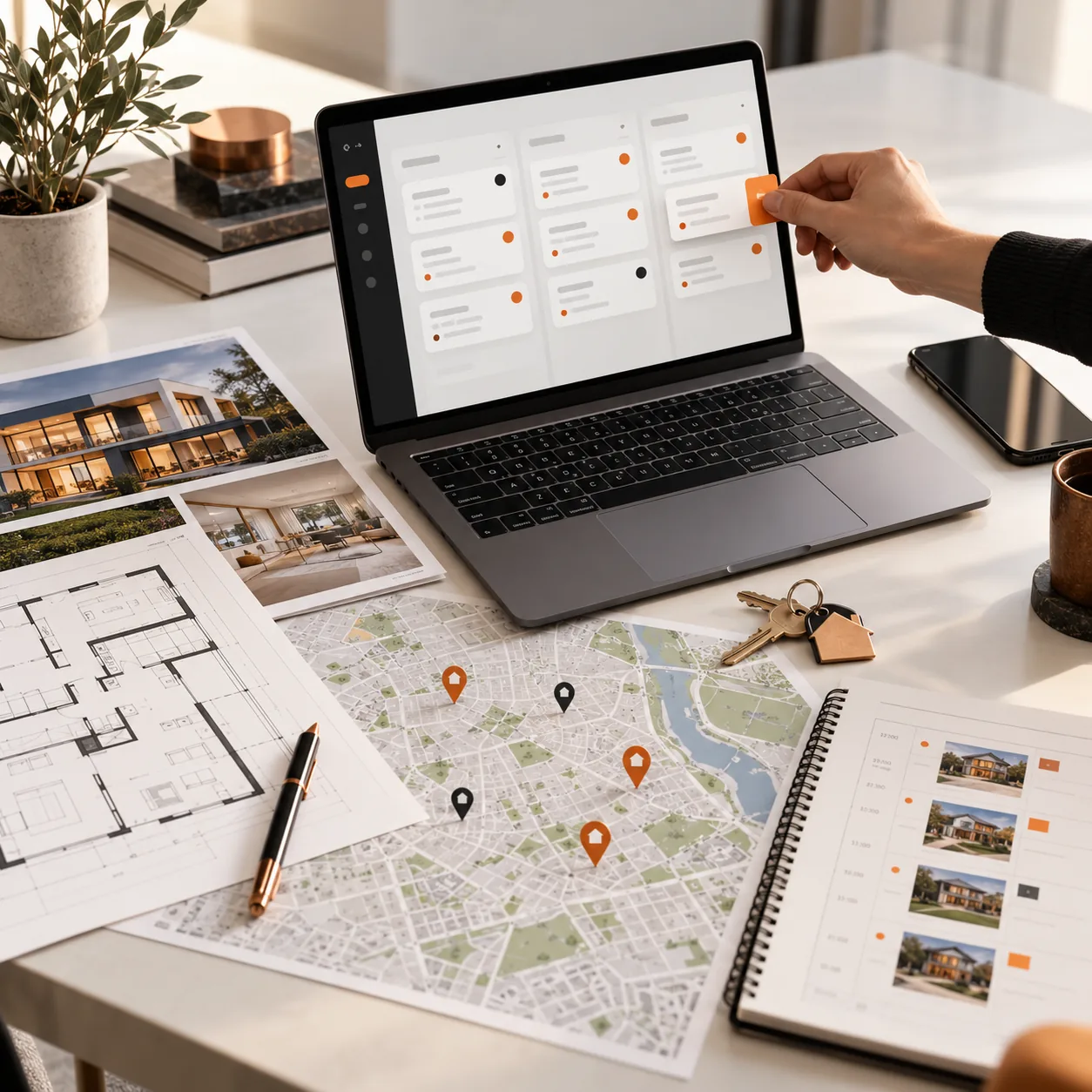 Real estate brokerage operations table with architectural floor plans, property map, keys, listing photos, laptop ticket board, and orange priority marker.
