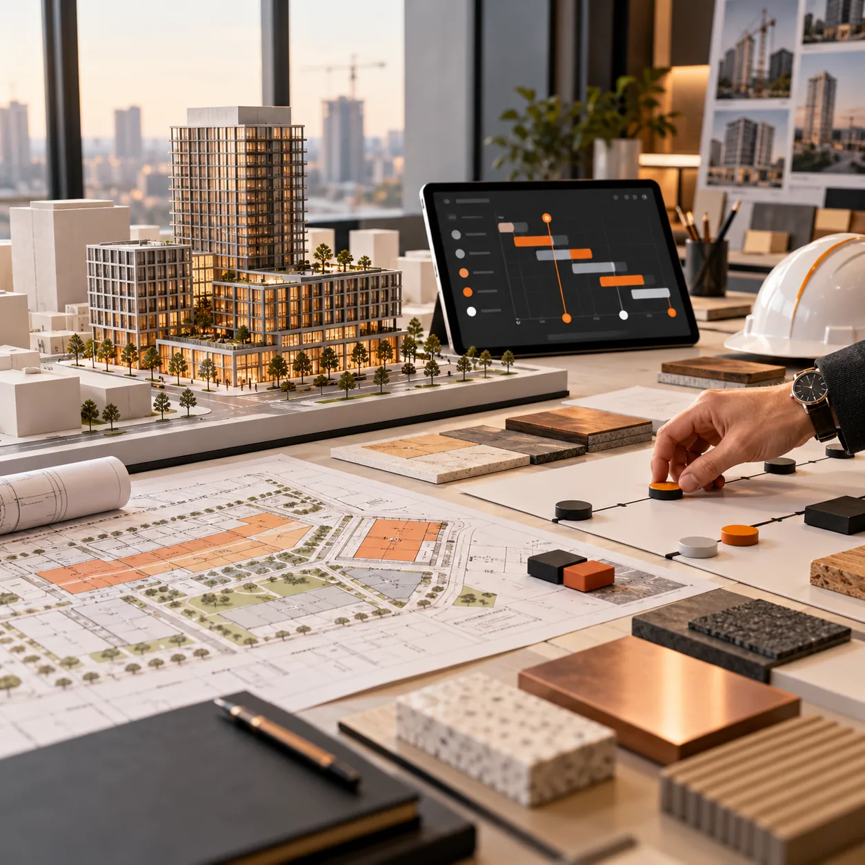 Real estate development control studio with architectural building model, site plan, construction milestone timeline, material samples, hard hat, and orange project marker.