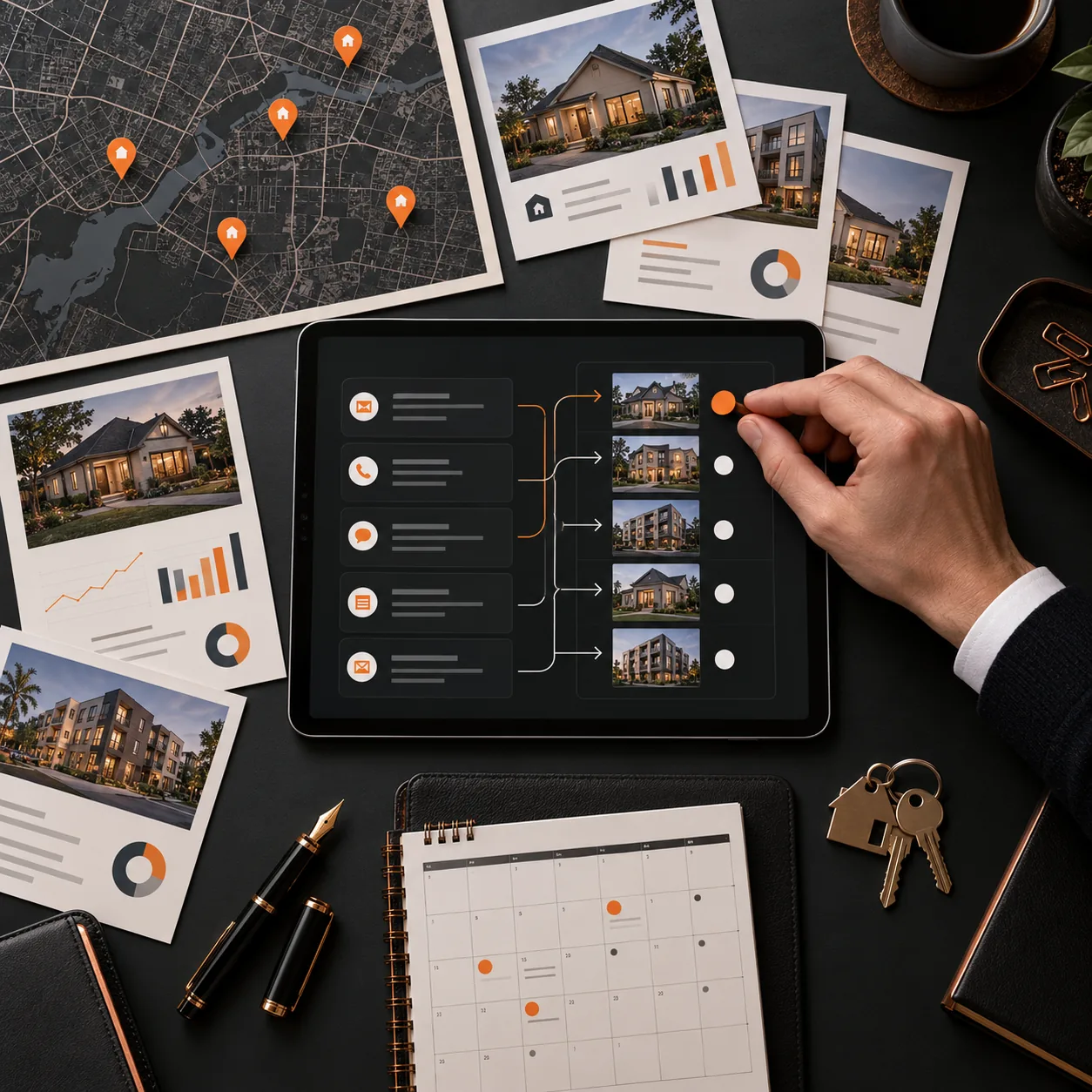 Overhead real estate investment portfolio desk with asset map, property reports, tablet request-routing matrix, calendar, keys, and orange priority marker.