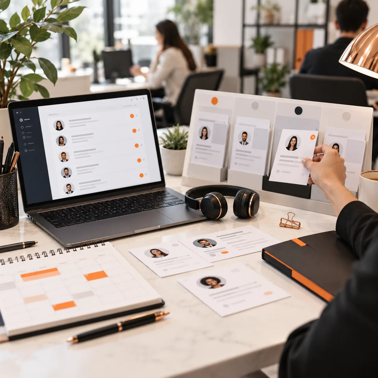 Recruitment agency operations desk with anonymized candidate profiles, interview calendar, laptop support queue, headphones, and orange routing markers.