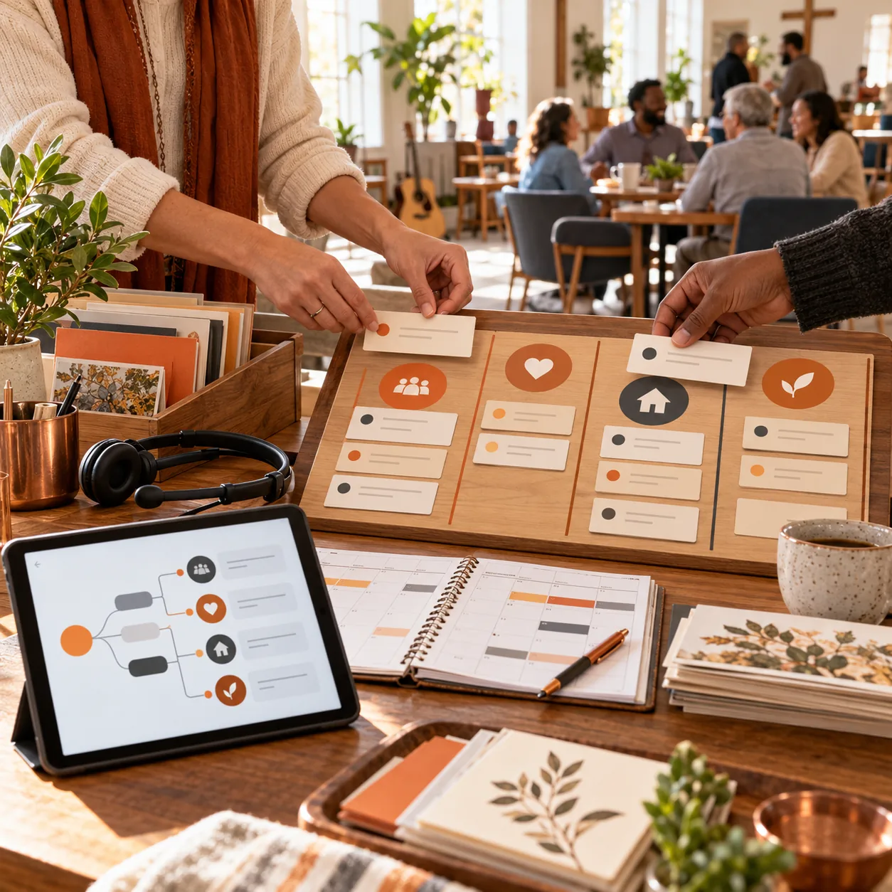 Religious organization community-operations table with volunteer board, member-care request cards, event calendar, service folders, tablet routing flow, and warm orange accents.