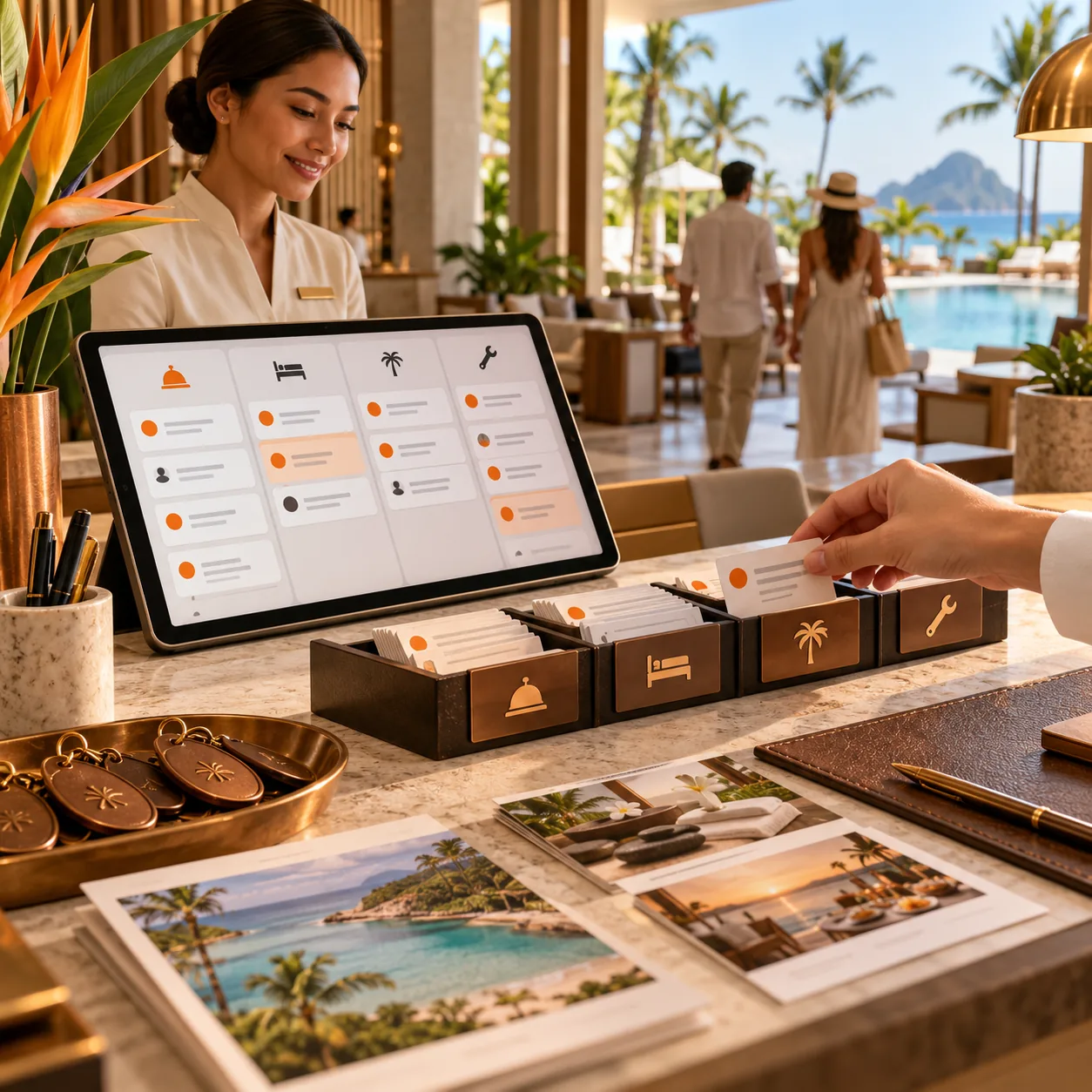 Resort guest-operations desk with concierge, pool and palm view, room keys, service request cards, tablet routing board, itineraries, and orange markers.