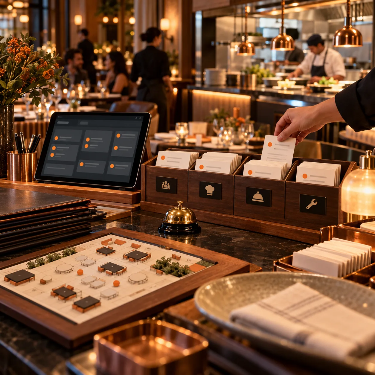 Restaurant host stand with table map, reservation and service request cards, tablet routing board, service bell, kitchen pass, and warm orange accents.