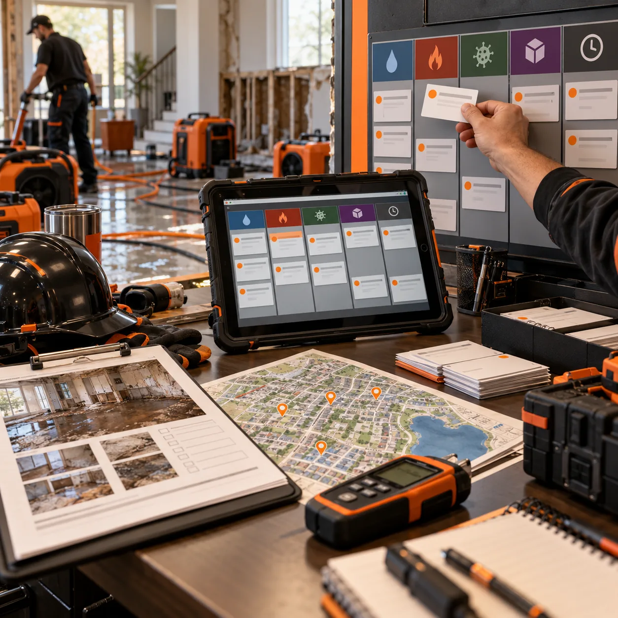Restoration dispatch workspace with drying equipment, moisture meter, property damage assessment, response map, rugged dispatch tablet, work-order board, and orange markers.